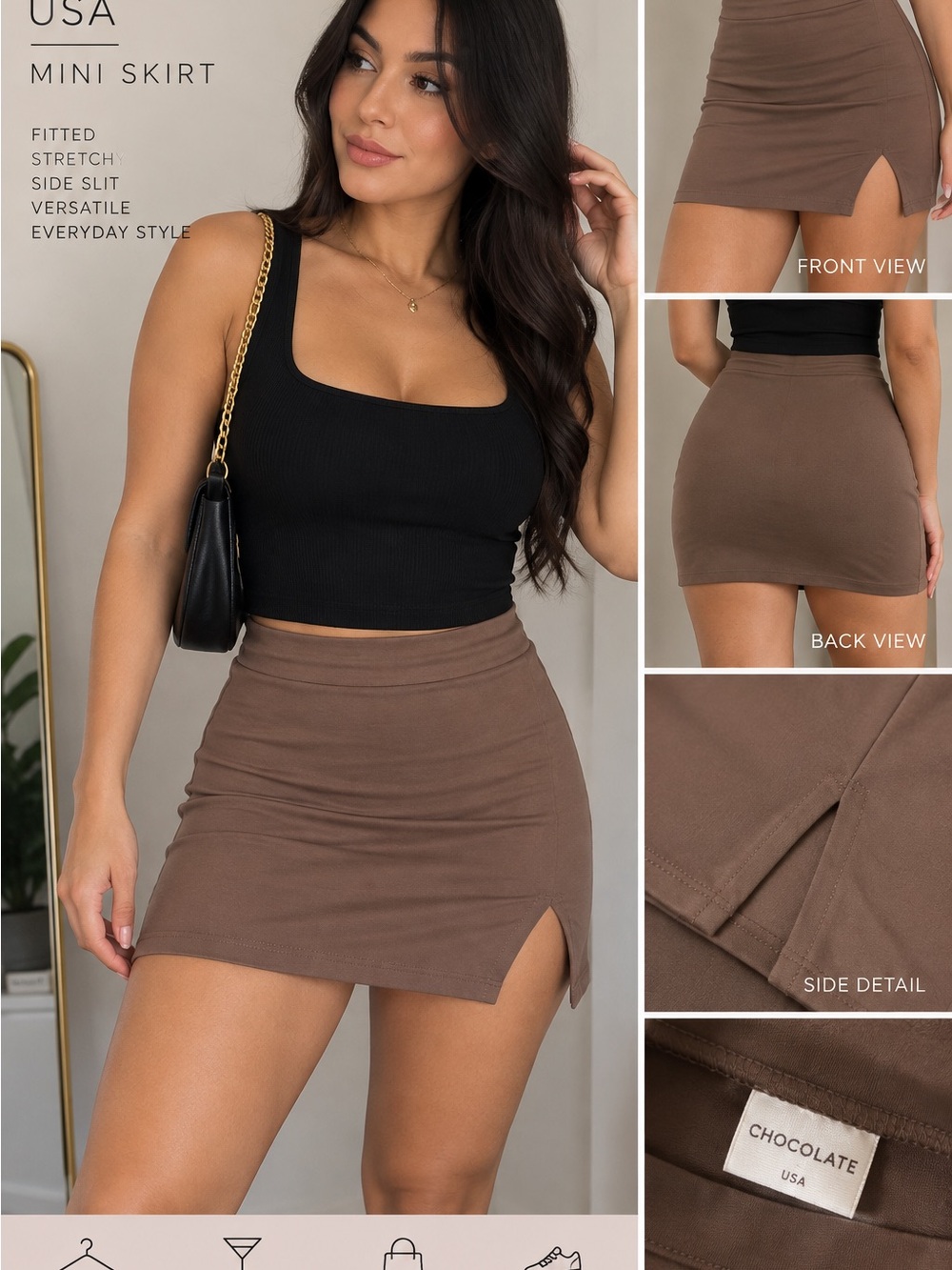 Chocolate Brown Mini Skirt with Side Slit